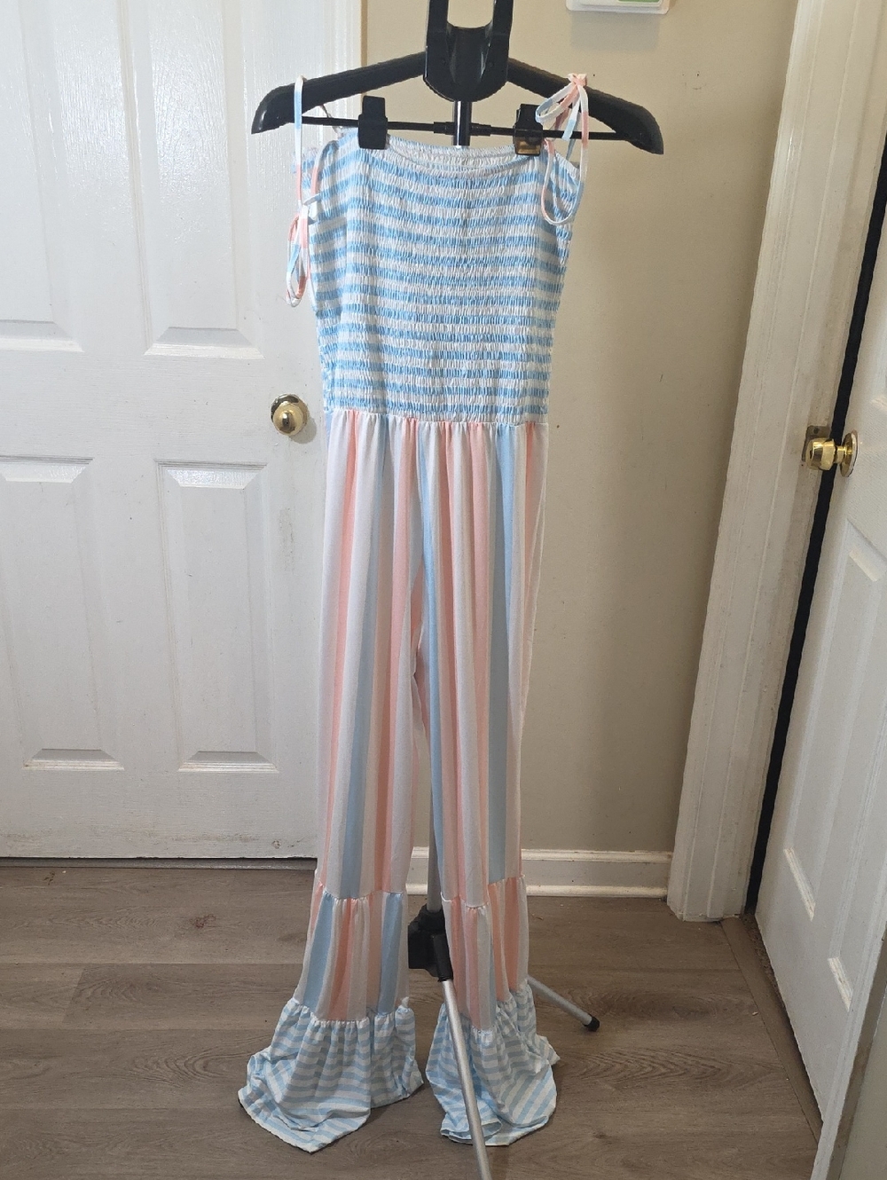 Striped Smocked Jumpsuit with Tie Straps - Blue & Pink